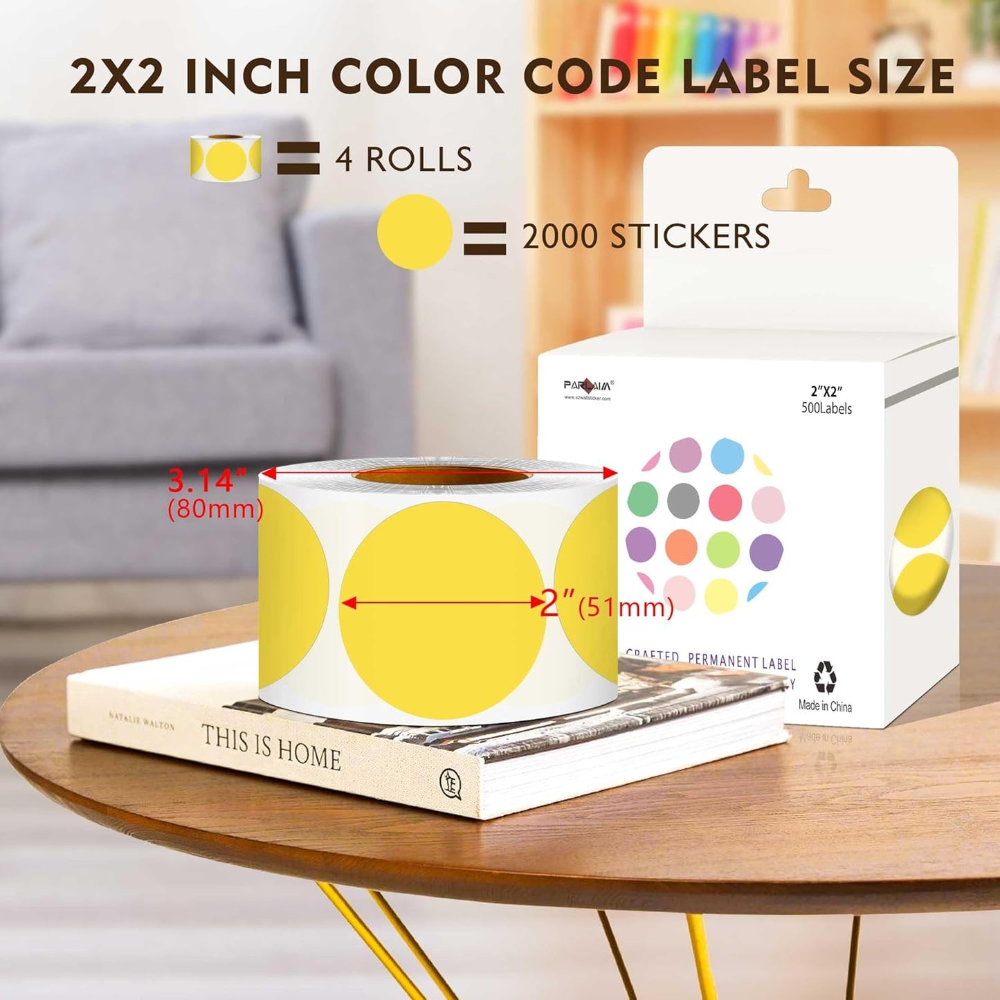 PARLAIM 2 inch Round Color-Code Dot Sticker Labels, 4 Rolls 2000 Adhesive Label Pack in Dispenser Box, Yellow