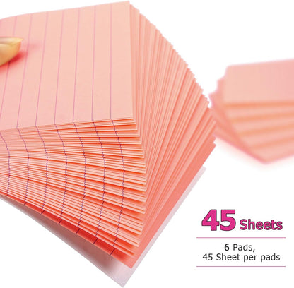 Early Buy 6 Pads Lined Sticky Notes with Lines 4x6 Self-Stick Notes Bright Color Sticky Notes, 45 Sheets/Pad (Pink)