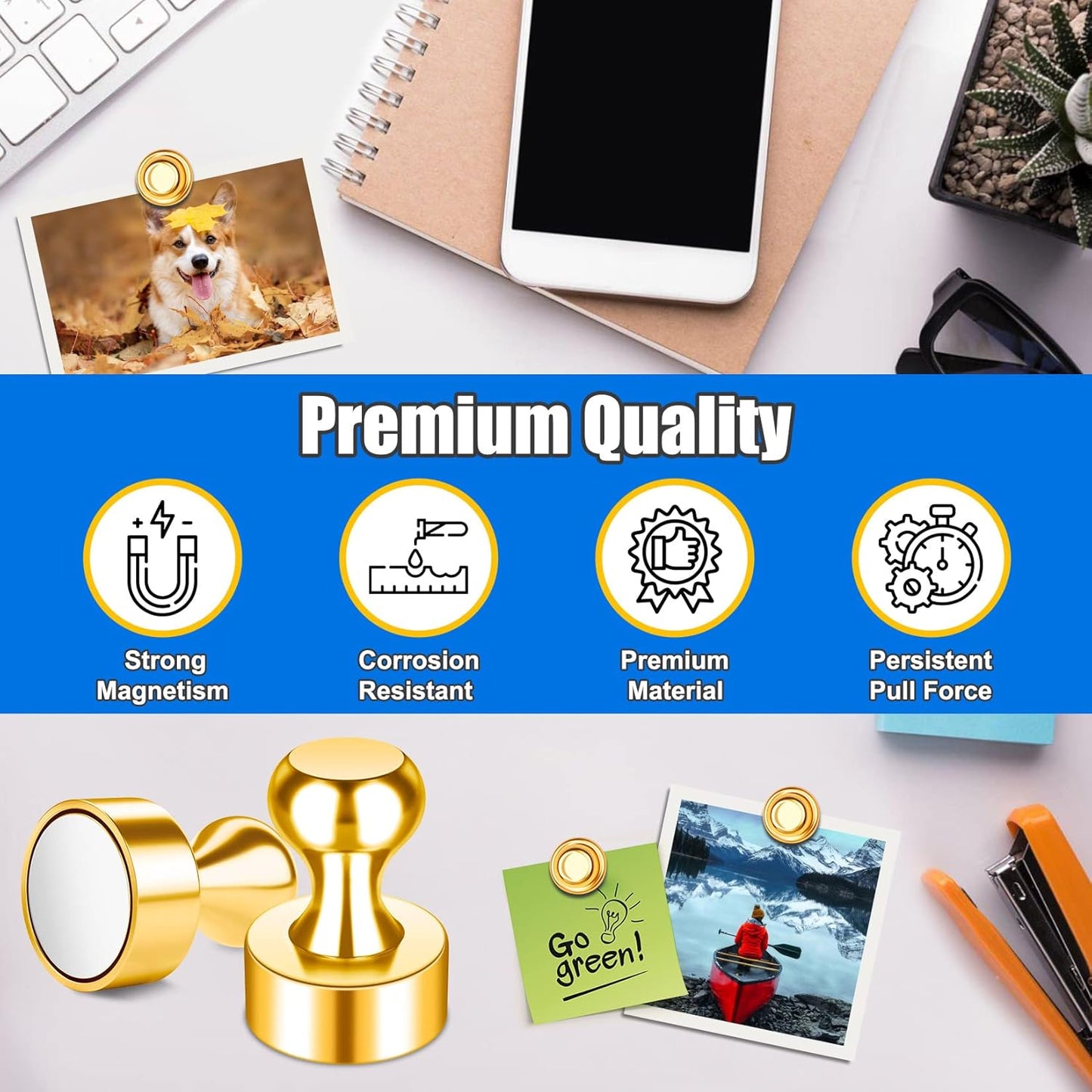 Small Whiteboard Magnets, Tiny Cute Push Pins Neodymium Strong Magnets for Fridge, Gold Kitchen Magnetic Refrigerator for Office, Gadgets, Classroom, Locker Accessories, Pack of 28