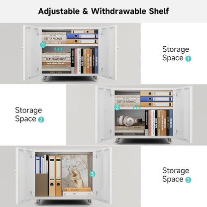 Warmiehomy Metal Printer Stand, 24x24x18'' Printer Cabinet with Storage, Mobile Printer Table with Wheels, Desk for Small Spaces with Door, Adjustable File Cabinet for Home Office (White)