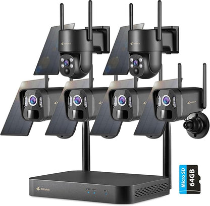 Kittyhok Wireless Solar Security Camera System | 4pcs Bullet Solar Camera, 2pcs PT Solar Security Camera Outdoor, Solar Power, Human Detection, Spotlight, 10CH NVR, Local Storage, No Monthly Fees