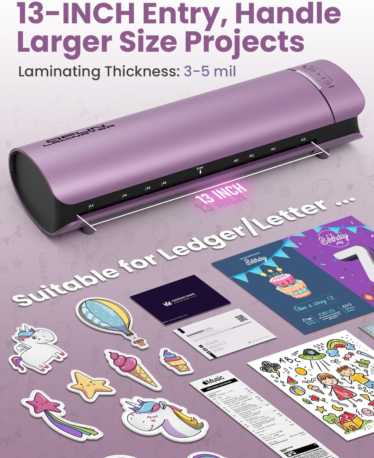 Office Presentation Laminator Machine 11x17 with Laminating Sheet A3/A4/A5, 3/5 Mil Thermal Cold Laminating Machine 13 inch Wide, 60s Warm-Up Lamination Machine, Personal Laminate Machine (Purple)