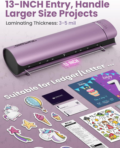 Office Presentation Laminator Machine 11x17 with Laminating Sheet A3/A4/A5, 3/5 Mil Thermal Cold Laminating Machine 13 inch Wide, 60s Warm-Up Lamination Machine, Personal Laminate Machine (Purple)