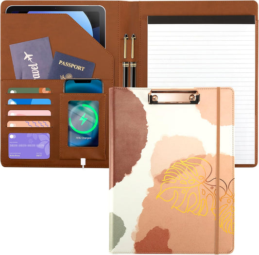 Clipboard Folio Folder Portfolio with Notepad-Pocket Business Card Holder Brown Faux PU Leather Portfolio