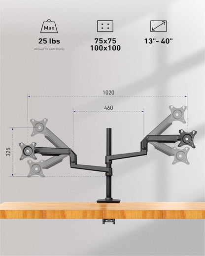 Quad Monitor Mount, Holds Screens up to 40 Inches and 25 lbs, Fully Adjustable 4 Monitor Mount with C-Clamp and Grommet Base, Aluminum, Black