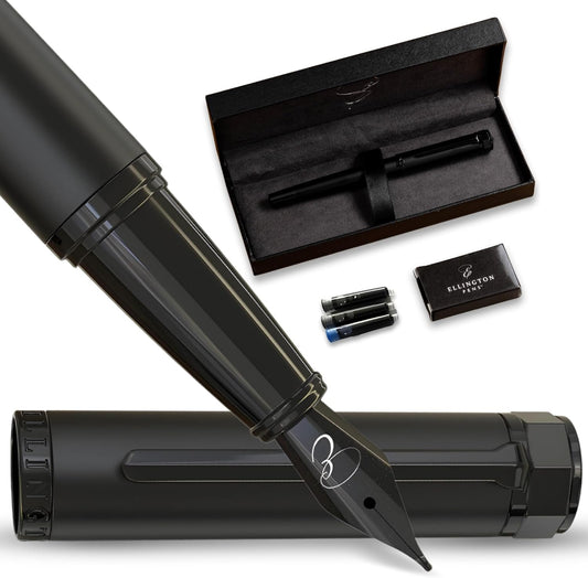 Ellington Pen Luxury Fountain Pen Set - Fountain Pens For Writing - Smooth Medium Nib - Includes Refillable Ink Converter, 3 Ink Cartridges, Gift Box - Calligraphy, Journaling, Sketching (The Stealth)