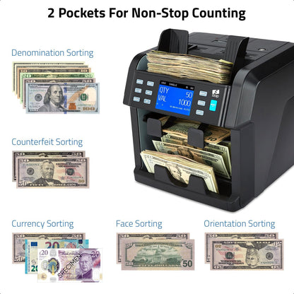 ZZap NC70 Mixed Denomination Bill Counter/2 Pocket Sorter/Counterfeit Detector - Money Cash Value Currency Machine