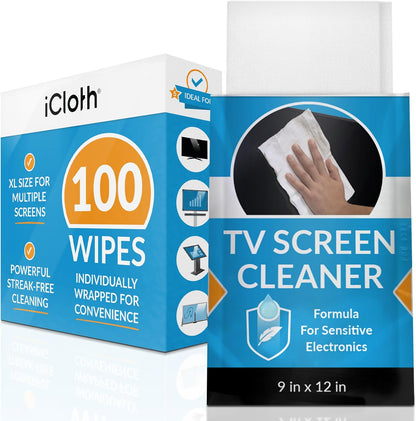 iCloth XL Screen Cleaning Wipes, Lint-Free and Streak-Free, Fast-Drying, Removes Dust, Fingerprints, and Smudges (100 XL Wipes)