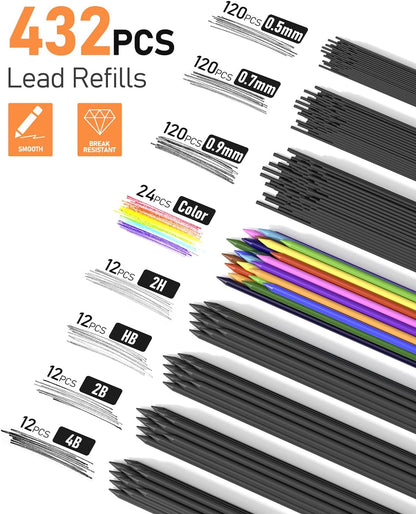 Four Candies 25PCS Art Mechanical Pencil Set with Case, 3PCS Metal Artist Lead Pencil 0.5, 0.7, 0.9 mm & 3PCS 2mm Holder (HB 2H 2B 4B Color) with 432PCS Graphite Lead Refills for Drawing Sketching