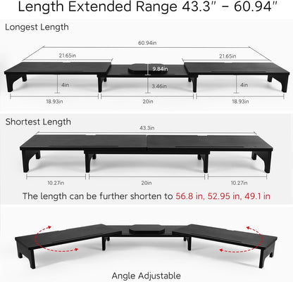 Nnewvante Monitor Stand Riser, Upgrade Height Large TV Riser, 60 inch Large Bamboo Dual Monitor Stand for Desk, 3 Shelves Desktop Screen Riser with Adjustable Length Angle for Computer Laptop Black