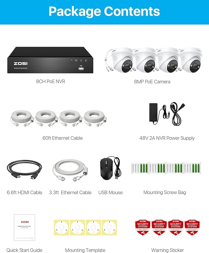 ZOSI 4K POE Security Camera System Outdoor, 4PCS 4K Spotlight Wired Cameras for Home Security, Person Vehicle Detection, Color Night Vision, 8 Ports 16CH 8MP NVR with 2TB HDD for 24/7 Recording