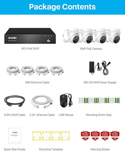 ZOSI 4K POE Security Camera System Outdoor, 4PCS 4K Spotlight Wired Cameras for Home Security, Person Vehicle Detection, Color Night Vision, 8 Ports 16CH 8MP NVR with 2TB HDD for 24/7 Recording