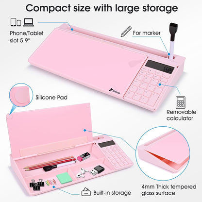 Varhomax Glass Desk Whiteboard Pink with Calculator, Desktop Dry Erase White Board with Storage, to Do List Memo Notepad for Home and Office