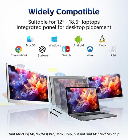 FOPO 15.6 Triple Laptop Screen Extender, Left Screen 360° Rotation Laptop Monitor Extender, Plug and Play Triplp Monitor for 13-17" Laptops with USB-C/HDMI, for Windows/Mac(M1/M2/M3) Pro/Max - S10