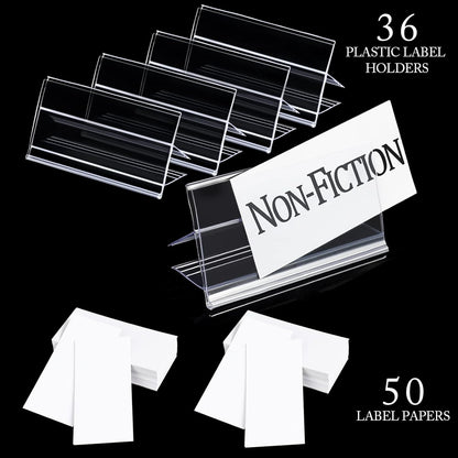36pcs Wood Shelf Label Holder Plastic Price Tag Holder Supermarket Retail Sign PVC Clear Shelf Label Holder (Includes 50 Pieces Label Inserts) Perfect Fits 18 mm Wooden Shelving.