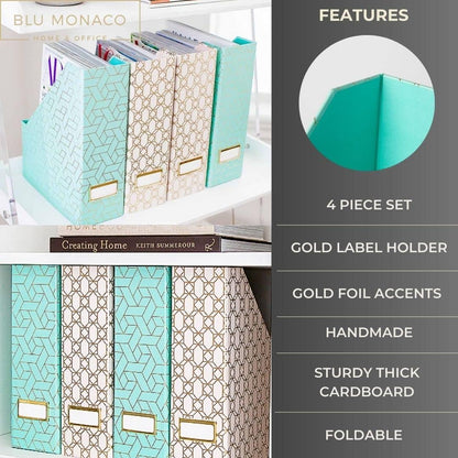 BLU MONACO Set of 4 Foldable Cute Magazine File Holders with Gold Label Holders – 2 Pink & 2 Aqua with Fun Gold Geometric Patterns – Stylish & Durable Magazine Storage for Home & Office