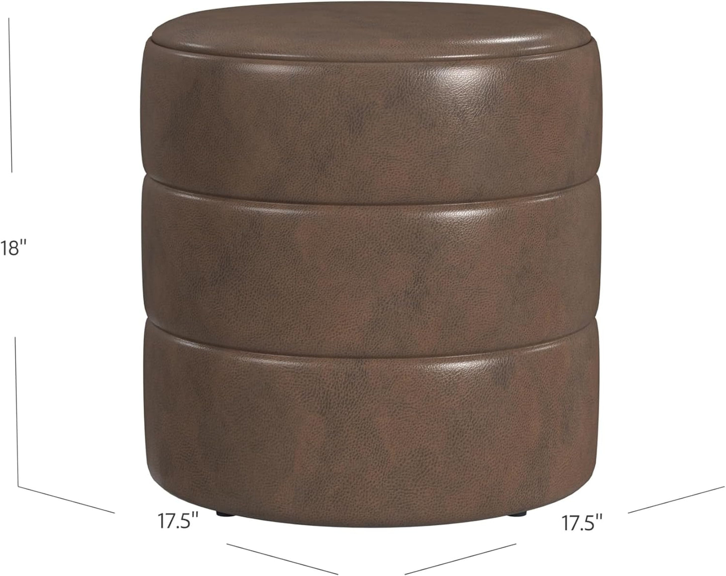 HomePop Upholstered Faux Leather Round Ottoman Home Décor|Foot Rest Ottoman- Brown Faux Leather