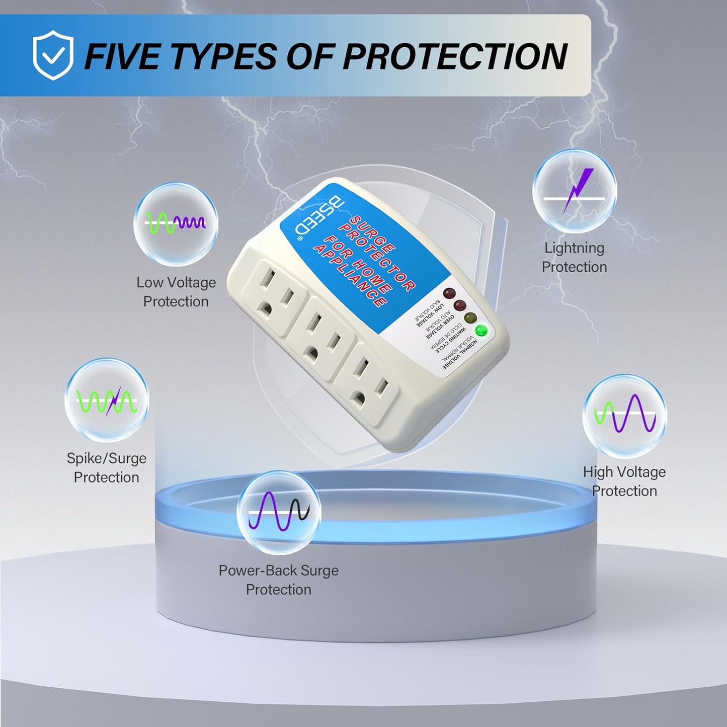 BSEED Surge Protector for Home Appliance 3 Outlet Surge Protector for Refrigerator Voltage Protector for TV, PC, PS5, Air-Conditioning and Other Valuable Household Electronic 125V, 1875W, 4 Pack