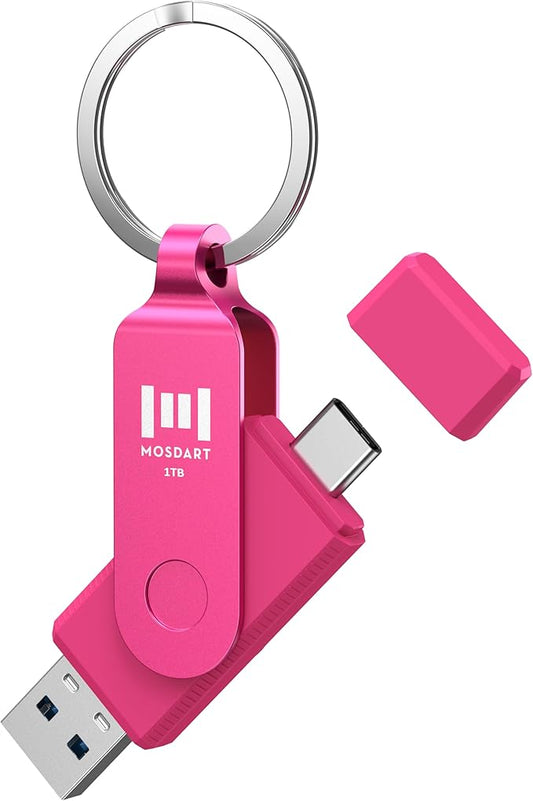 MOSDART 1TB USB3.1 Fast Speed C and A Dual Flash Drive, exFAT Memory Stick with Keychain and LED Indicator, for iPhone 15,16,17, Android Phone, iPad, MacBook, and Other Laptops, Hot Pink