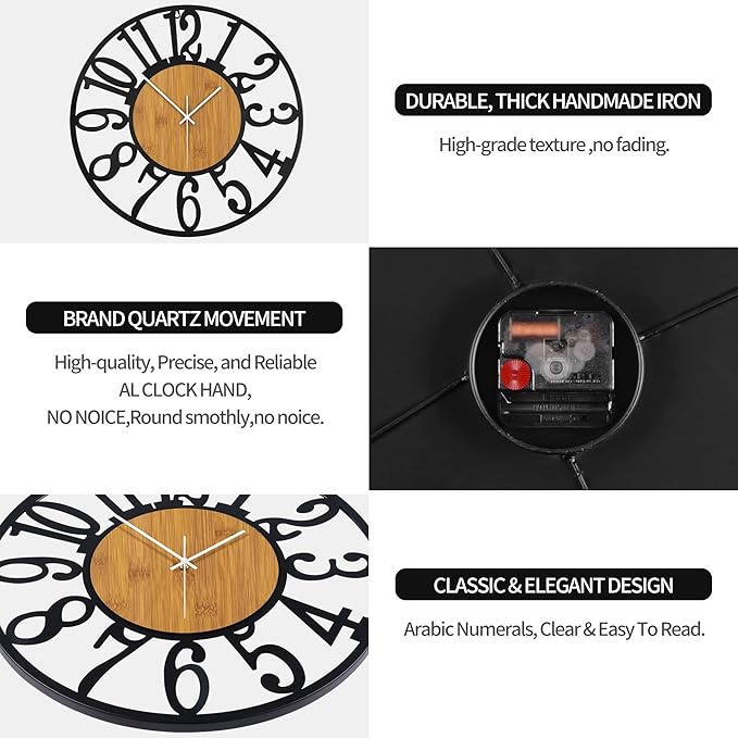 Large Wall Clock for Living Room Decor, 14 Inch Non Ticking Silent, Battery Operated Modern Vintage Oversized Wall Clock for Bedroom Kitchen