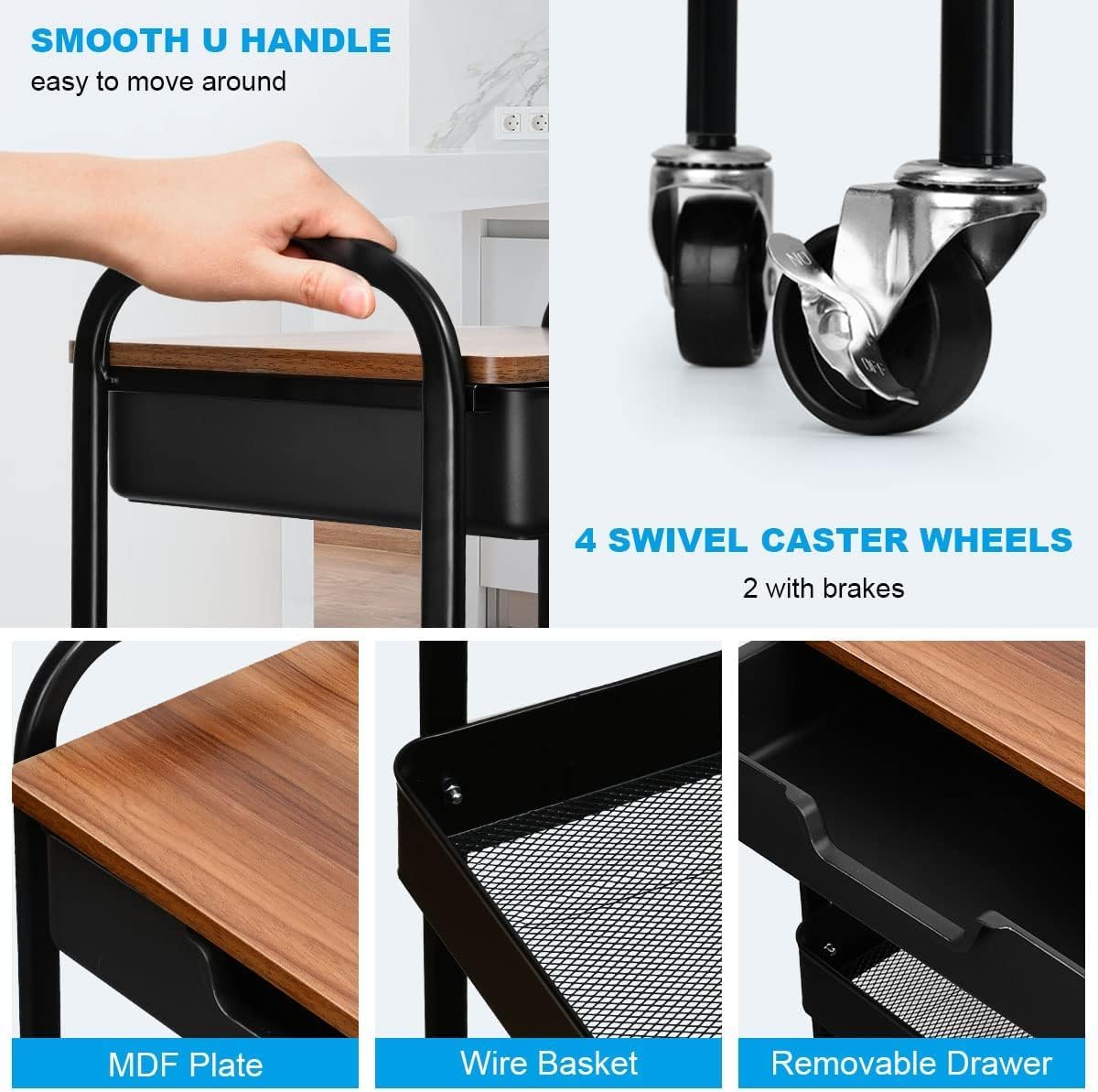 3 Tier Rolling Cart with Drawer, Metal Utility Cart on Wheels Storage Cart with Wood Top, Kitchen Cart Art Cart Organizer for Bathroom Office Balcony Living Room