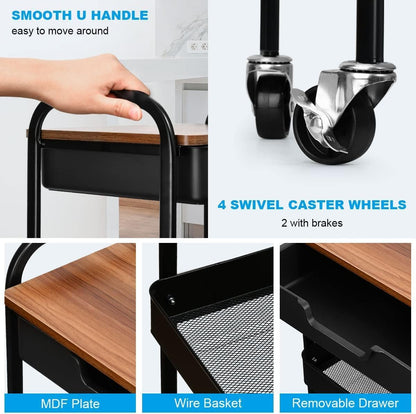 3 Tier Rolling Cart with Drawer, Metal Utility Cart on Wheels Storage Cart with Wood Top, Kitchen Cart Art Cart Organizer for Bathroom Office Balcony Living Room