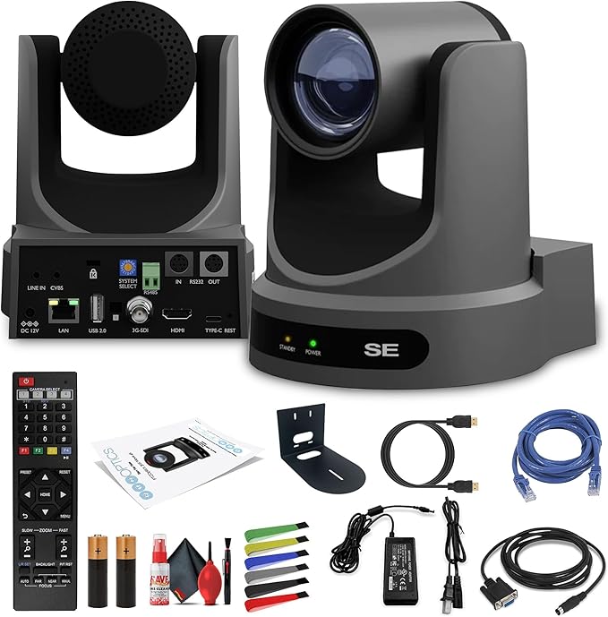 PTZOptics Move SE SDI/HDMI/USB/IP PTZ Camera with 20x Optical Zoom (Gray) (PT20X-SE-GY-G3) + Universal Wall Mount (Black) + Lens Cleaning Kit + HDMI Cable + Ethernet Cable + Color Wire Ties