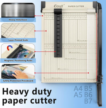 Ecraft 12" Guillotine Paper Cutter：Paper Trimmer Accurate Cutting with Safety Guard,15 Sheets Capacity,Magnetic Guide,Heavy Duty Metal Base, Perfect for Cardstock,Cardboard,Vinyl,Crafts & Photos