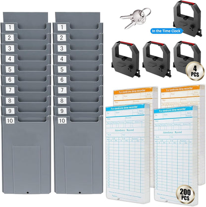 Time Clock Bundle with 200 Time Cards, 4 Ink Ribbons, 2 Ten-Slot Time Card Racks, & 2 Security Keys, Auto-Align Employee Time Clocks for Small Business