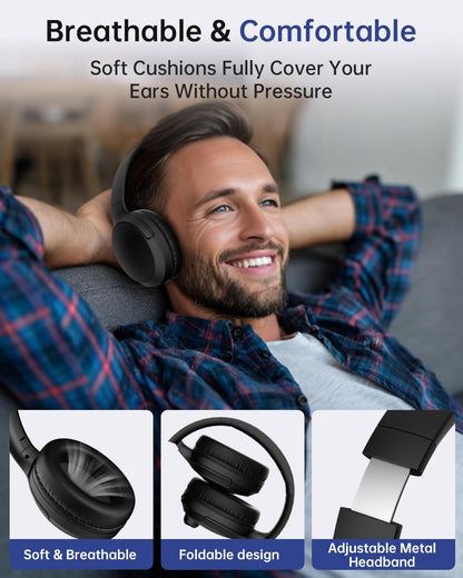 Wireless Headset with Mic for Work up to 40H Talk Time, Over-Ear Foldable Bluetooth Wireless Headset with AI Noise Cancelling Mic, Bluetooth V5.3 & USB Dongle & Mic Mute for Home Office (Black)