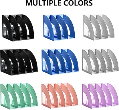 SAYEEC File Holders Folder Magazine Storage Holder Binder Stand 3 Compartment Blue Standing Files Bookshelf Organizer Magazines Divider Black Holds Documents for School Working Students