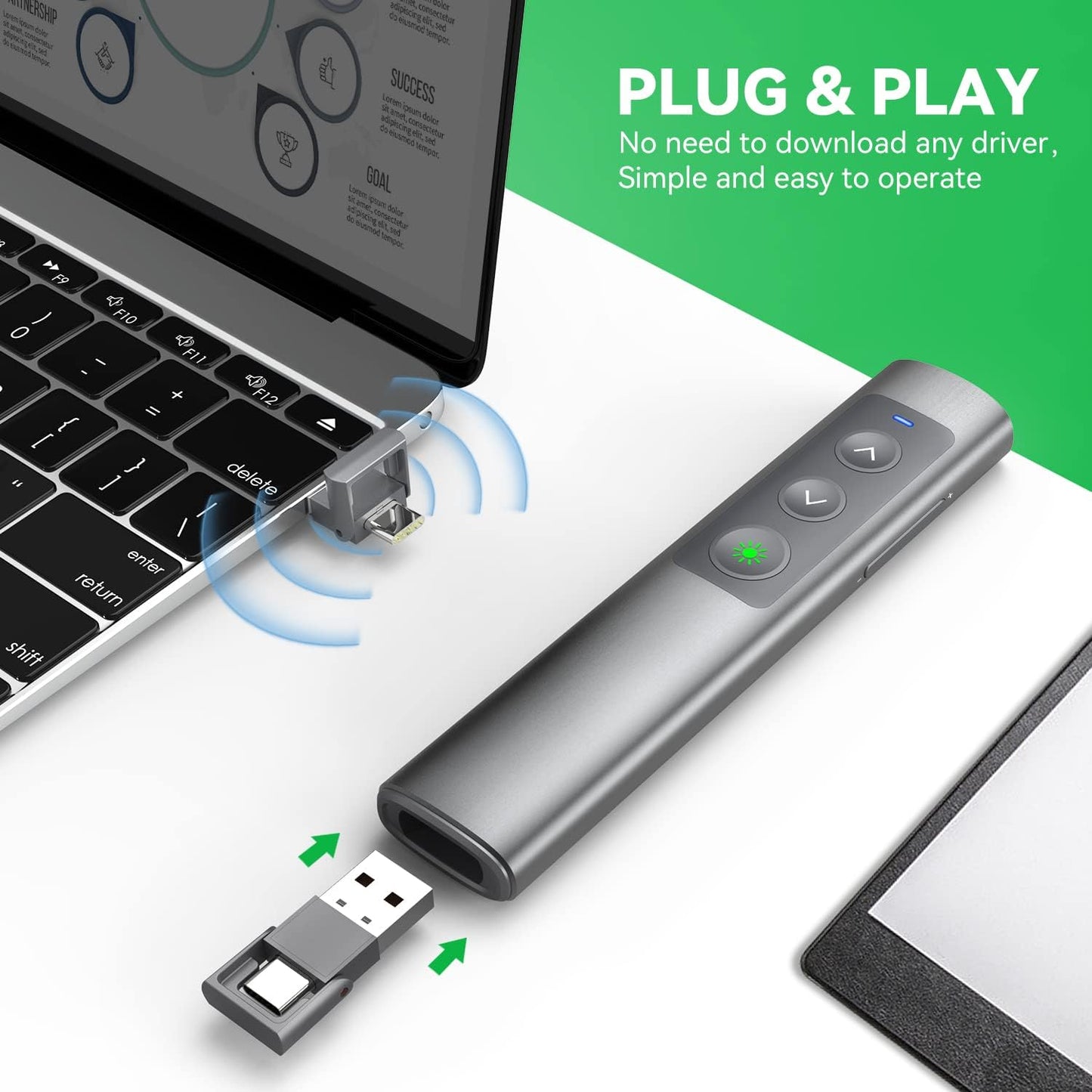 Metallic Presentation Clicker Presenter Remote - Rechargeable Wireless Presenter with Green Laser Pointer, 2 in 1 USB Clicker for PowerPoint & Google Slides, Compatible with MacBook/PC