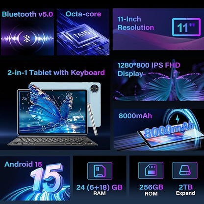 11 Inch Tablet Android 15 Tablet, 2026 Tablets with keyboard, 24GB+256GB+2TB Expand, 2 in 1 Tablets with Case Mouse Stylus, 8000mAh Battery, Octa-Core, Supports Widevine L1, 5G WiFi, GPS (Black Case)