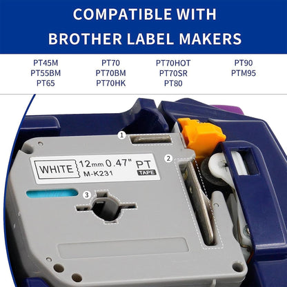 16 Pack M-K231 M Tape 12mm Compatible with M-K231s Brother Label Tape Black on White 0.47 Inch for P Touch PT-M95 PT95 PT65 PT-65 PT70 PT85 PT90 Label Maker Tape Refill