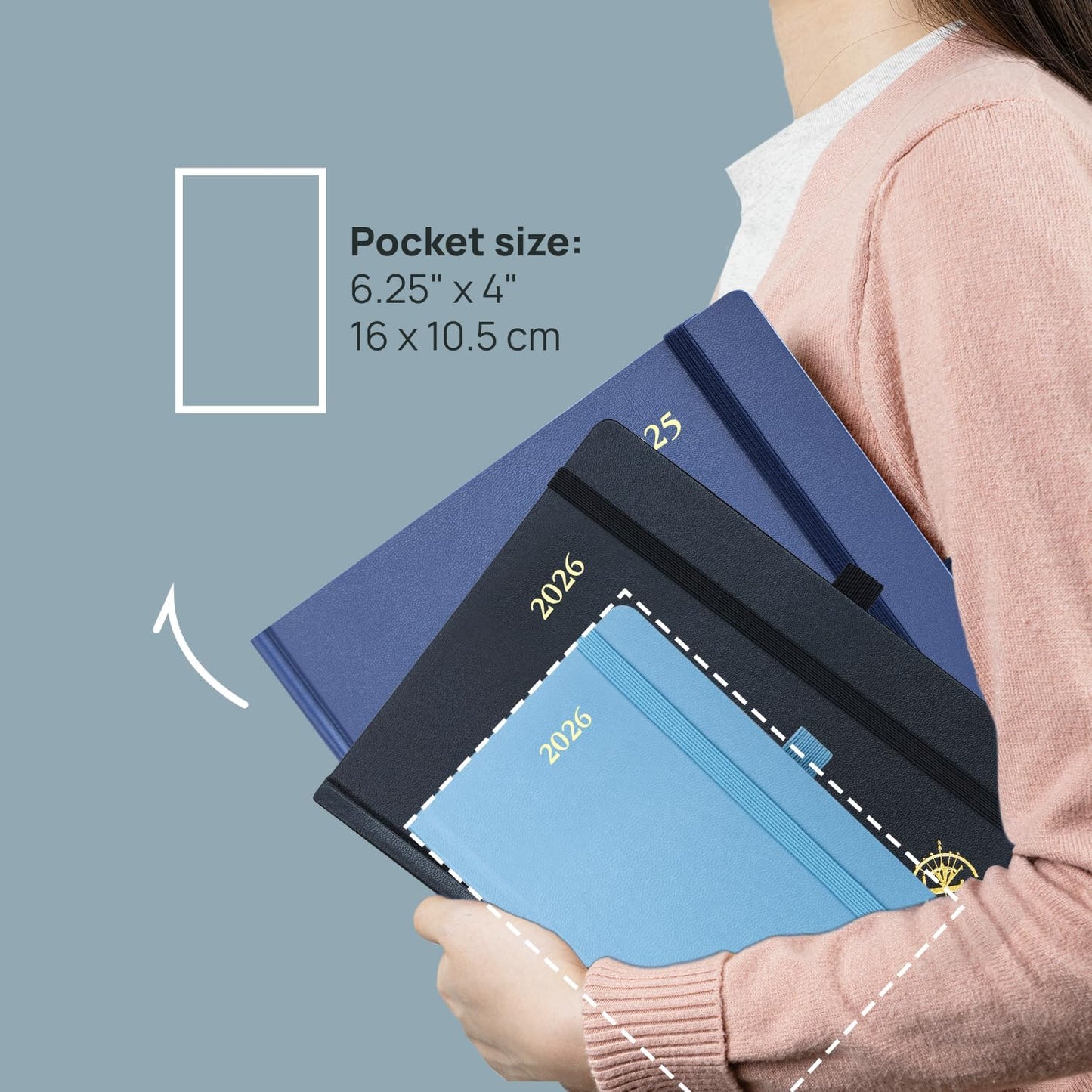 POPRUN 2026 Planner (Pocket Size 4''x 6.25'' Hardcover) - Small Calendar for Purse with Hourly Schedule & Vertical Weekly Layout, Monthly Calendars, 100 GSM - Haze Blue