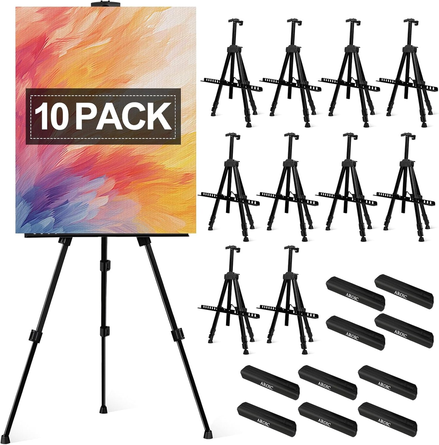 AROIC10 Pack Painting Display Easel Stand Portable Adjustable Metal Tripod Artist Canvases Height from20to66Inch Extra Sturdy forTable-Top/Floor Painting, Drawingand Displaying,Black with10StorageBag