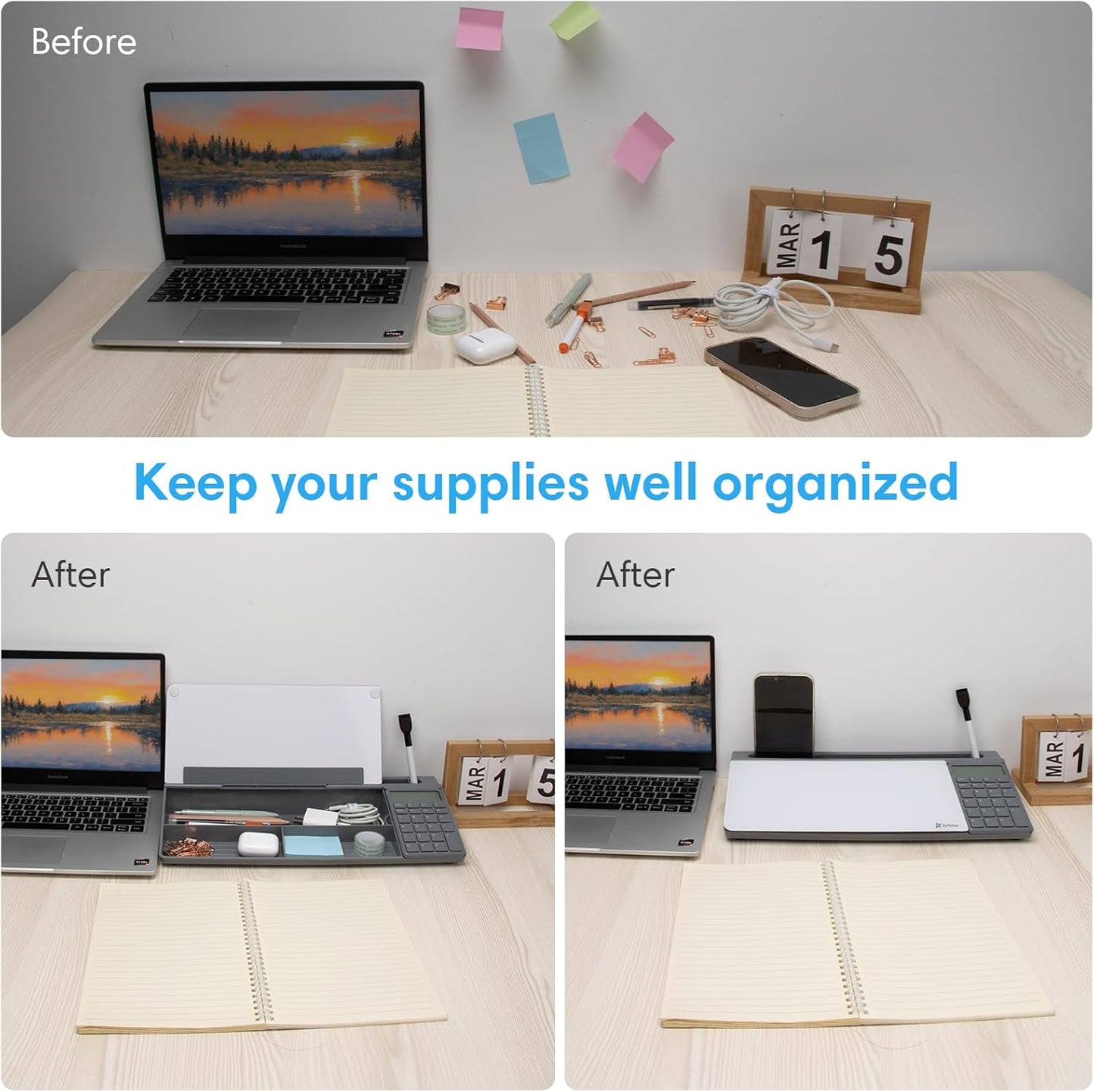 Varhomax Glass Desk Whiteboard with Calculator, Desktop Dry Erase White Board with Storage, to Do List Memo Notepad for Home and Office