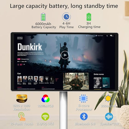 OFD 21.5 Inch 2nd Gen Portable TV on Wheels 1080P,100%sRGB,6+128GB Storage,Android 15 OS Touchscreen RollingTV with 13MP Webcam,Remote Control,Wireless Projection,6000 mAh Battery,EDLA-Certified,White
