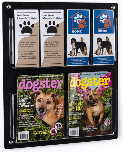 Displays2go Acrylic Wall Mounted Magazine Rack, 4-8 Adjustable Pockets, 2-Tiered - Black (2RP4BLK)