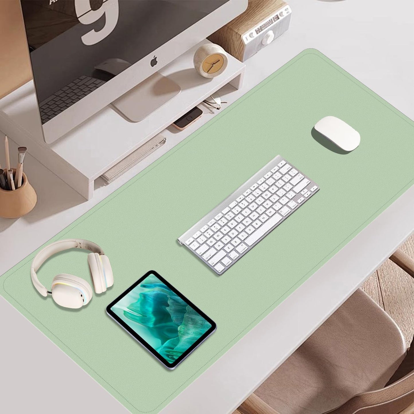 BLESWIN Large Desk Pad, 47.2'' x 23.6'', Office Desk Mat, Computer Mat for Desk, Leather Desk Pad Protector, Sewing Desk Blotter, Desktop Writing Pad for Office/Home/Decor Light Green