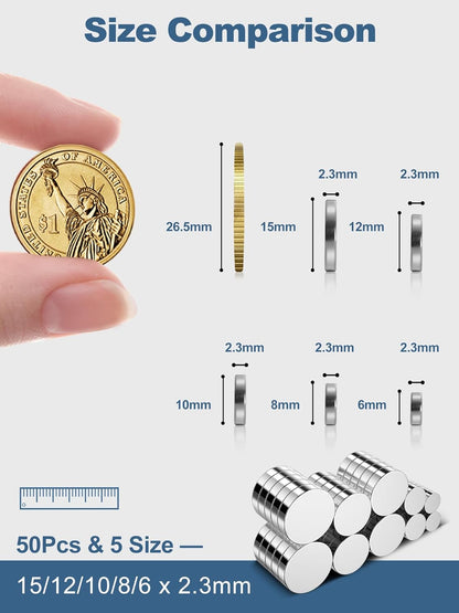 SMARTAKE 50 Pcs Rare Earth Magnets, 5-Size Small Round Fridge Magnets, Multi-Use Premium Office Magnet for Fridge, Office, Whiteboard, Crafts, DIY Hobbies, Kitchen, Science(Silver)