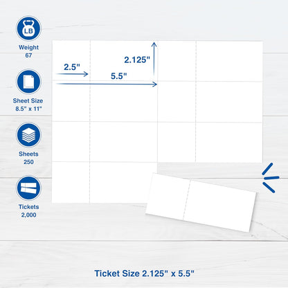 PrintWorks Printable Raffle Tickets With Tear-Away Stubs for Events & Fundraisers - 2000 Custom Tickets (Size 2.125" x 5.5") - 8 per Sheet - 250 Sheets (8.5" x 11") - Made in the USA - White (04296)