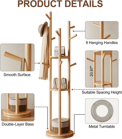 Solid Wood Rotary Coat Rack, Freestanding Coat Rack with 3 Shelves and 9 Hooks, Coat tree for Bedroom, Entryway, Livingroom, Coat Hanger Stand for Coats, Scarves, Handbags (Natural)