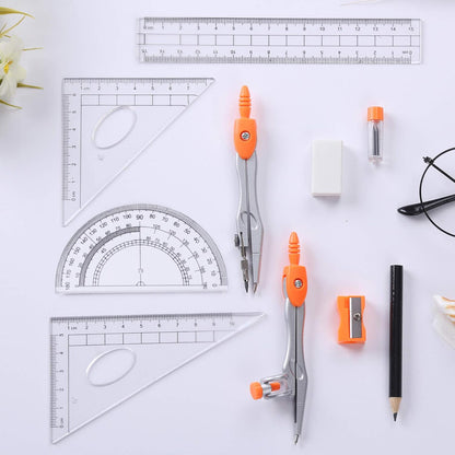 Math Geometry Kit Sets 10 Piece Student Supplies with Shatterproof Storage Box,Includes Rulers,Protractor,Compass,Eraser,Pencil Sharpener,Lead Refills,Pencil,for Drafting（Orange）