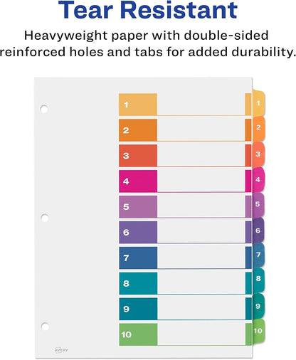 Avery Dividers for 3 Ring Binders, 10 Tabs per Set, Customizable Table of Contents, Multicolor Tabs, Great for Organizing Reports, Projects, and More (11135)