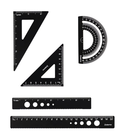Metal Geometry Set, 5-Piece Aluminum Ruler, Math Drafting Ruler Kit Includes Protractor, Triangle Rulers, Straight Rulers-Math Measurement Tools for School and Office Supplies (Black)