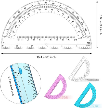 Zonon 12 Pack 6 Inch Plastic Protractor Back to School Protractors 180 Degrees Pink Blue Clear Protractors for Classroom Math Teacher Student Office Supplies