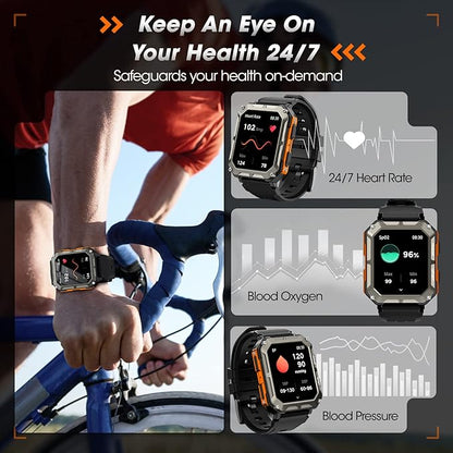 Military Smart Watch for Men with Blood Pressure (Answer/Make Call), Rugged Tactical Smartwatch for Android and iPhone, 10 ATM Waterproof Outdoor Sports Fitness Tracker with Heart Rate, Sleep Monitor