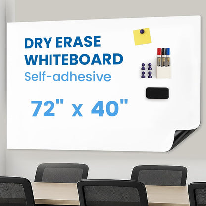 YOUNGJQ Large Magnetic Whiteboard for Wall 72" x 40", Self-Adhesive Magnetic Dry Erase White Board Sticker, Peel and Stick Sheet for Conference Room Office Home