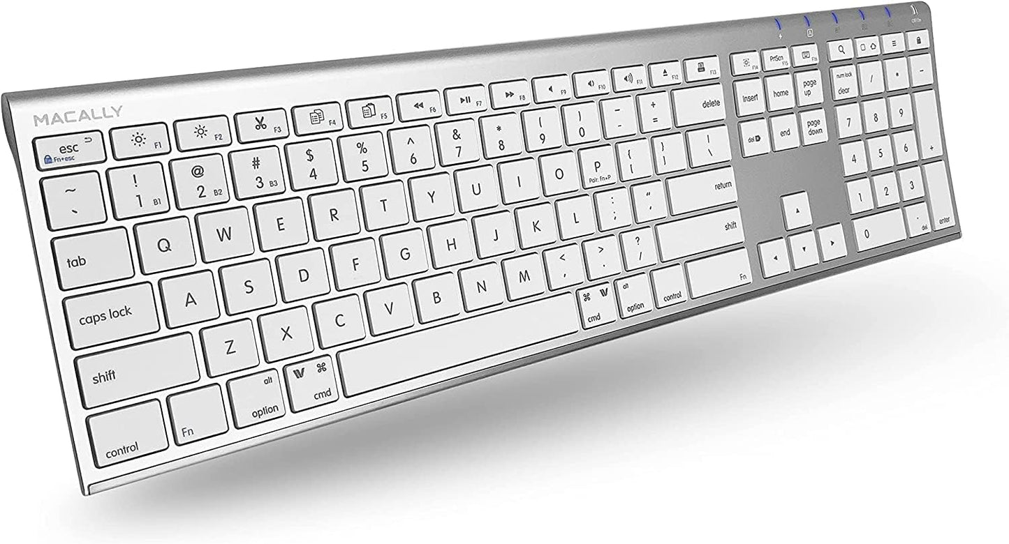 Macally Wireless Bluetooth Keyboard for Mac - Compatible Apple Keyboard or MacBook Pro/Air, iMac - Multi-Device, Up to 3 Devices with 110 Keys, 20 Shortcuts, Numeric Keypad, and Rechargeable - Silver